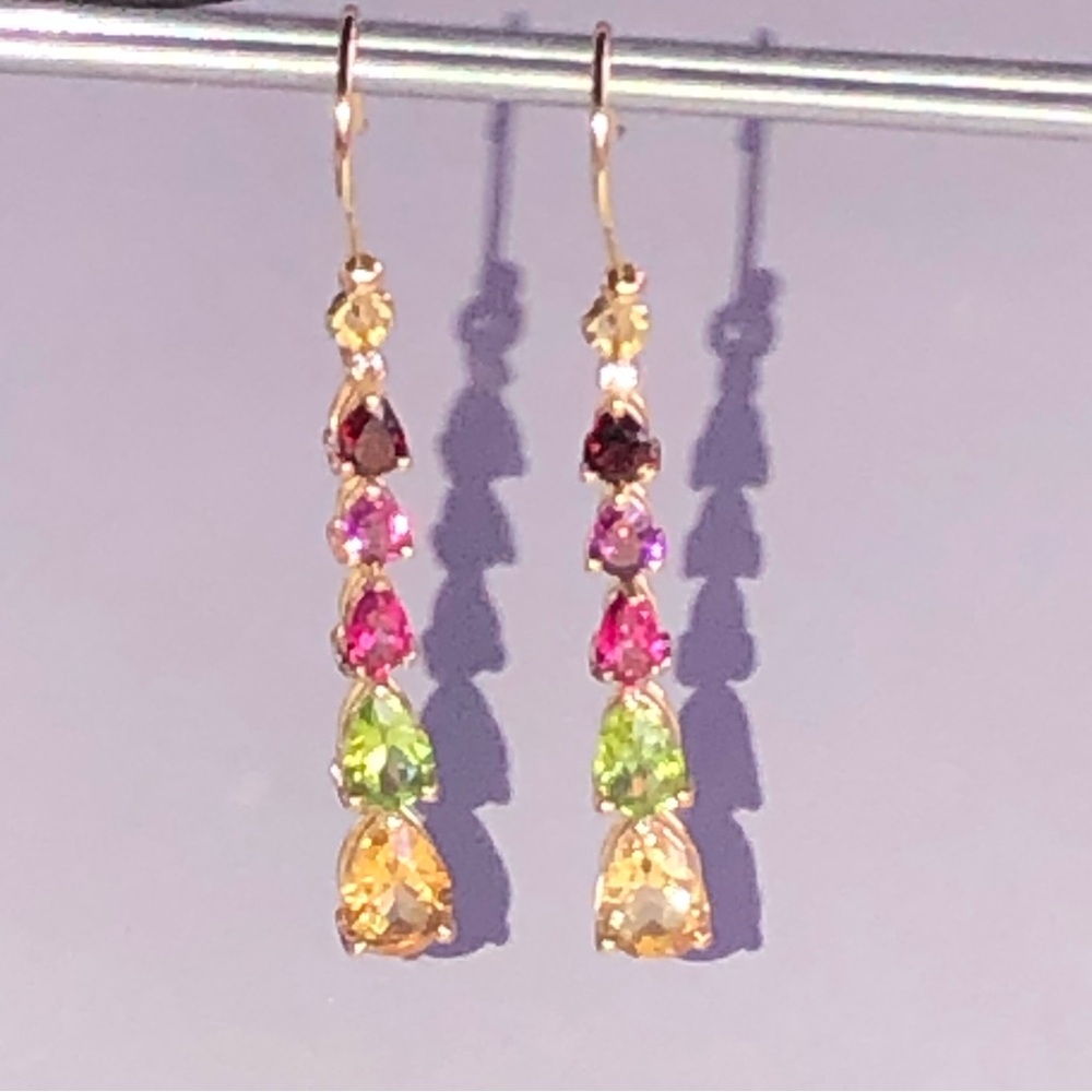 Solid 14k Gold Gemstone Dangle Earrings - image 2